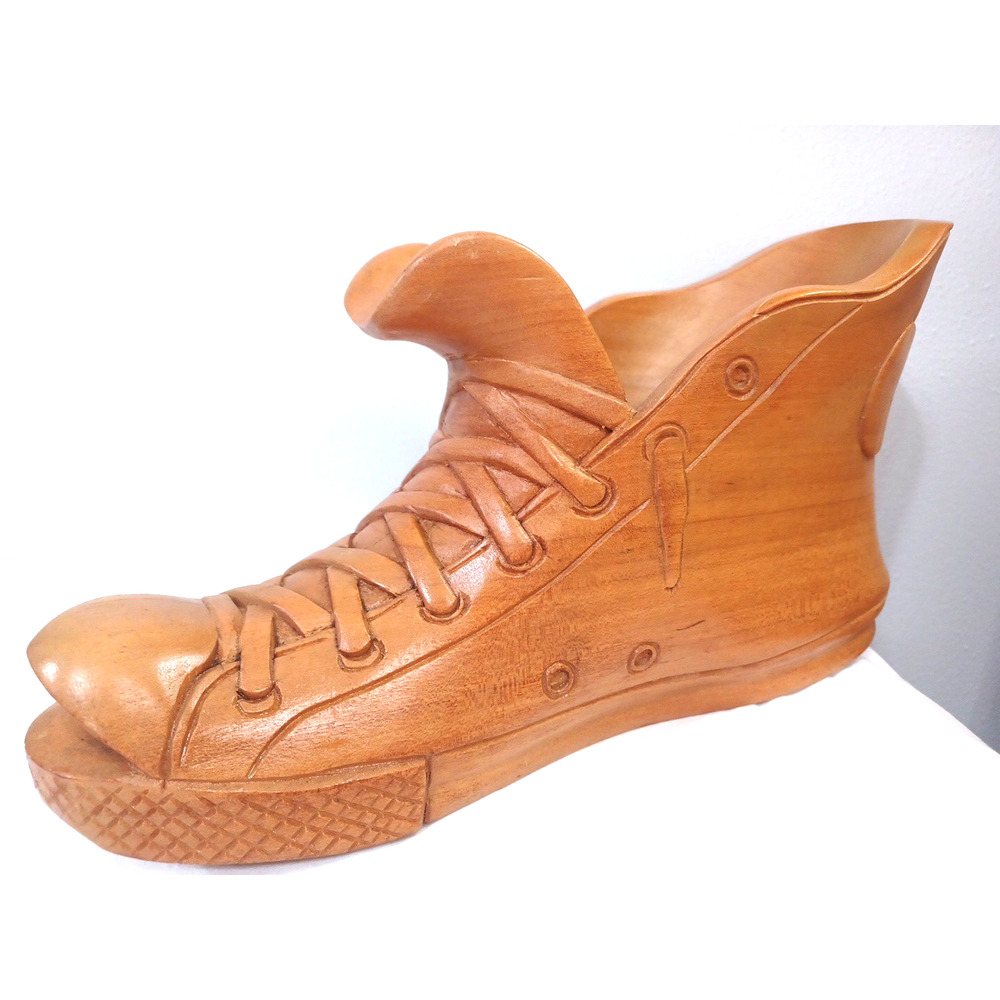 VTG Hand Carved Wood Sneaker Boot Shoe 12x6x3 Heavy Display Figurine RARE